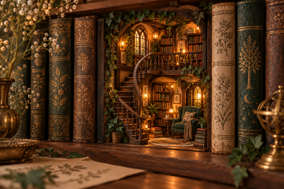 Illustration d’ambiance d’une bibliothèque miniature éclairée