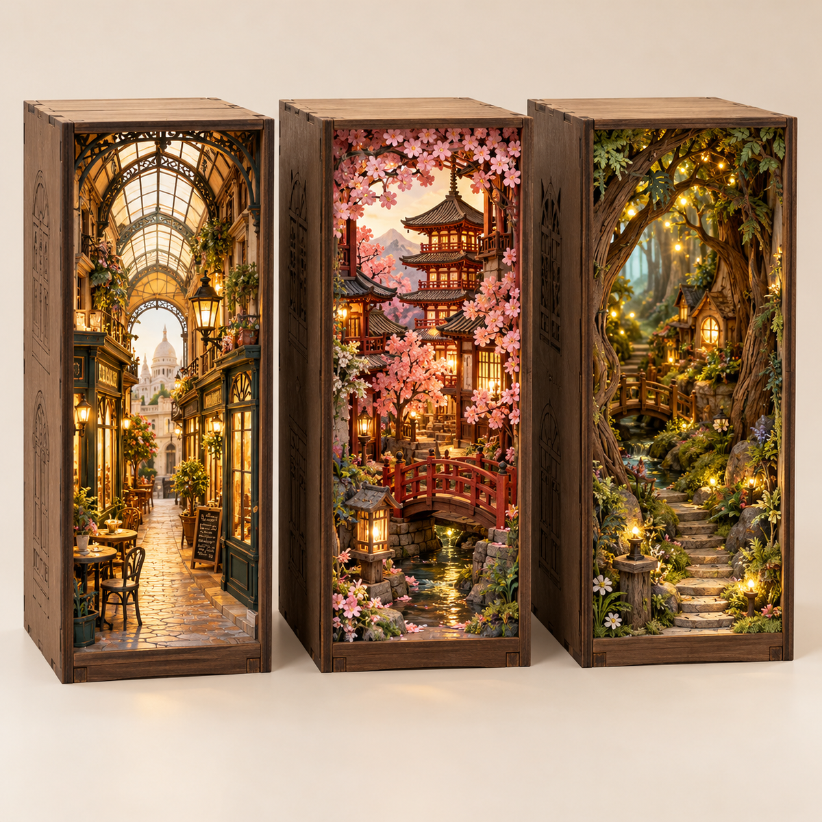 Pack Découverte 3 Univers : trois book nooks miniatures, Japon, bibliothèques et fantastique